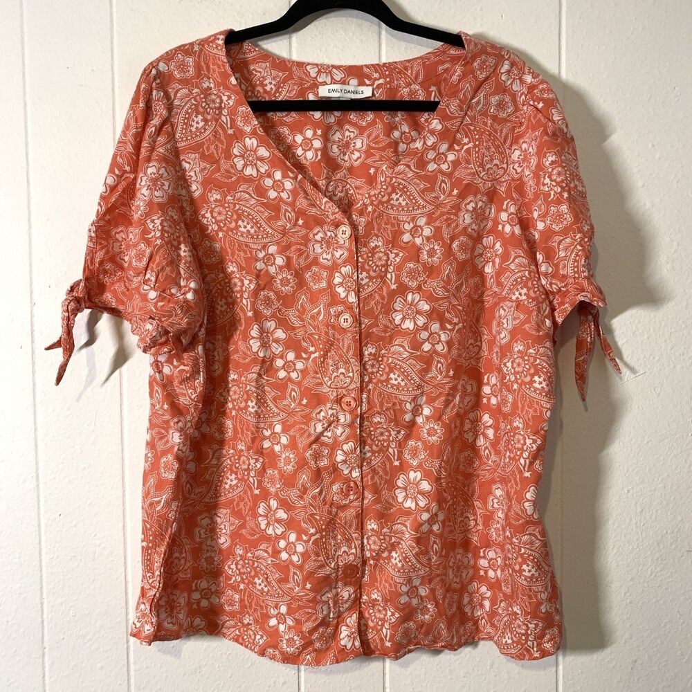 Emily Daniel’s Womens 1X Shirt Button Up Puff Tie Sleeve Coral Pink Floral Linen